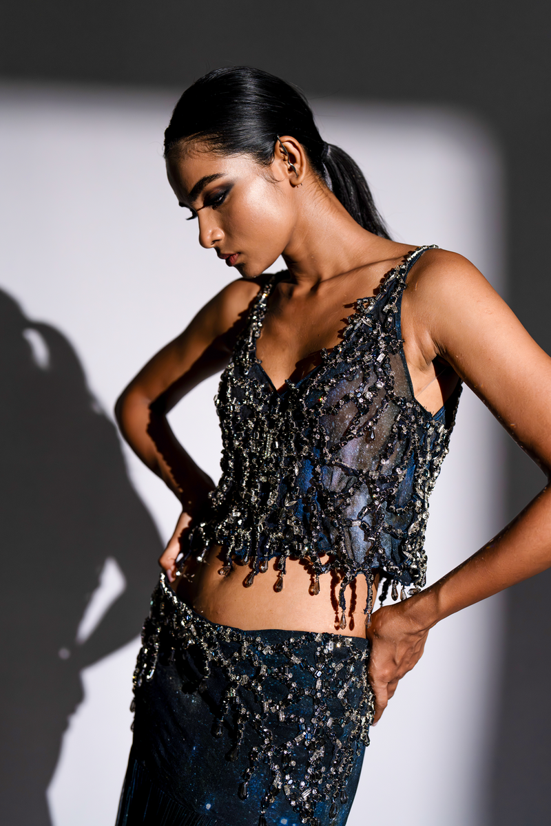 BLUE GALAXY PRINTED TOP & SKIRT WITH ROCKSTAR EMBROIDERY