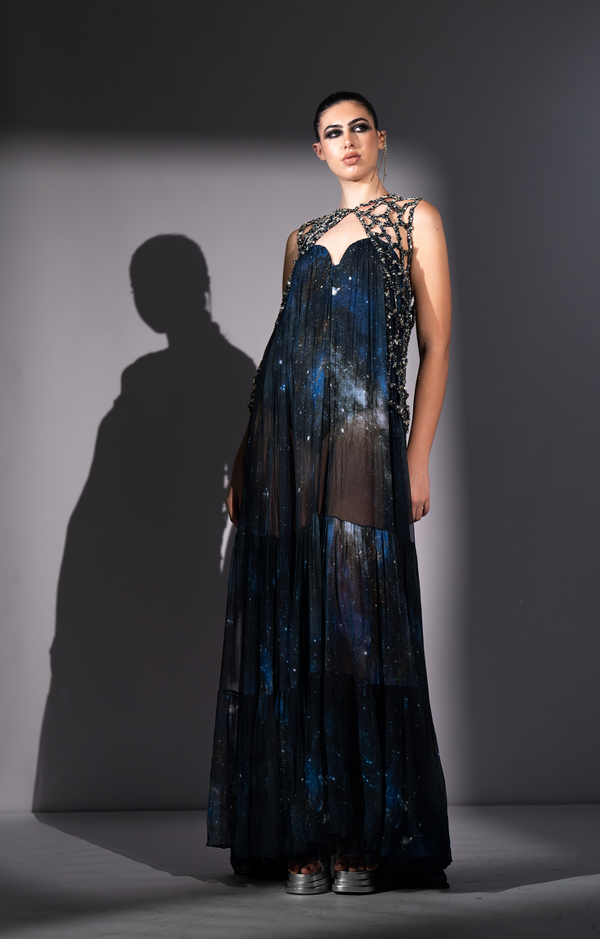 BLUE GALAXY PRINTED LUREX TUBE DRESS