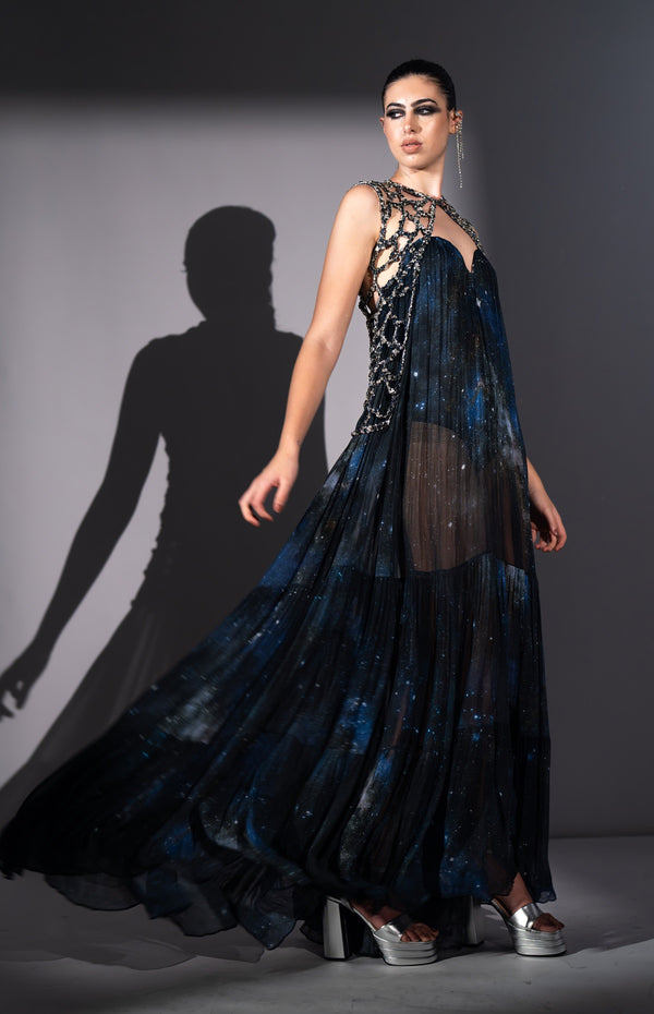 BLUE GALAXY PRINTED LUREX TUBE DRESS