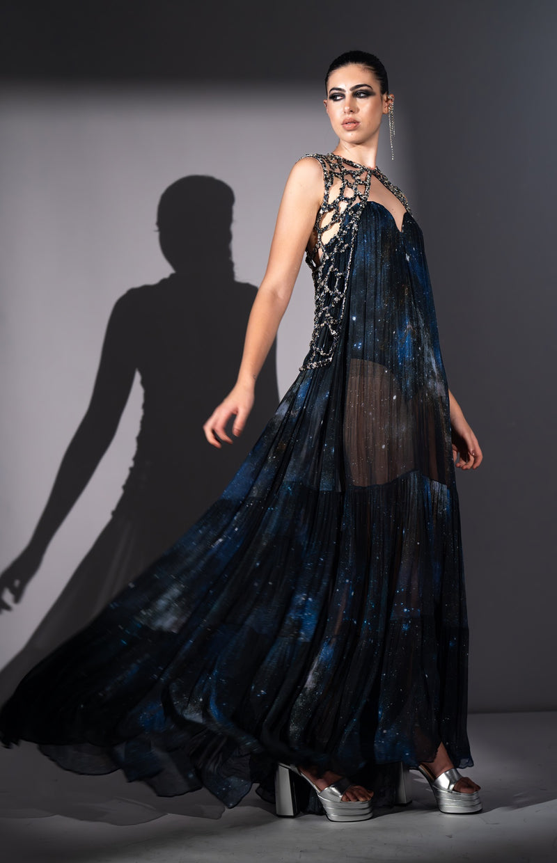 BLUE GALAXY PRINTED LUREX TUBE DRESS
