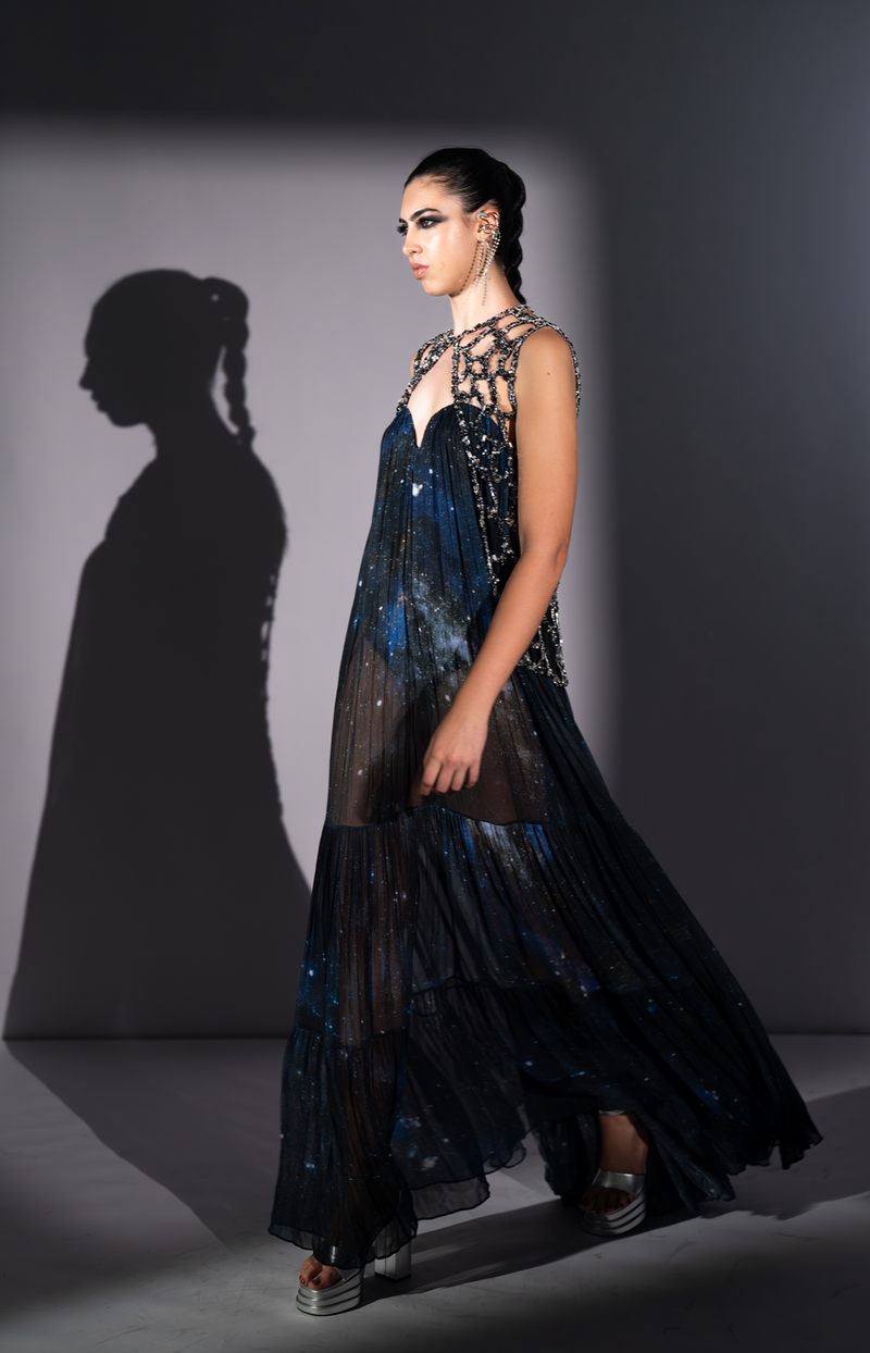 BLUE GALAXY PRINTED LUREX TUBE DRESS