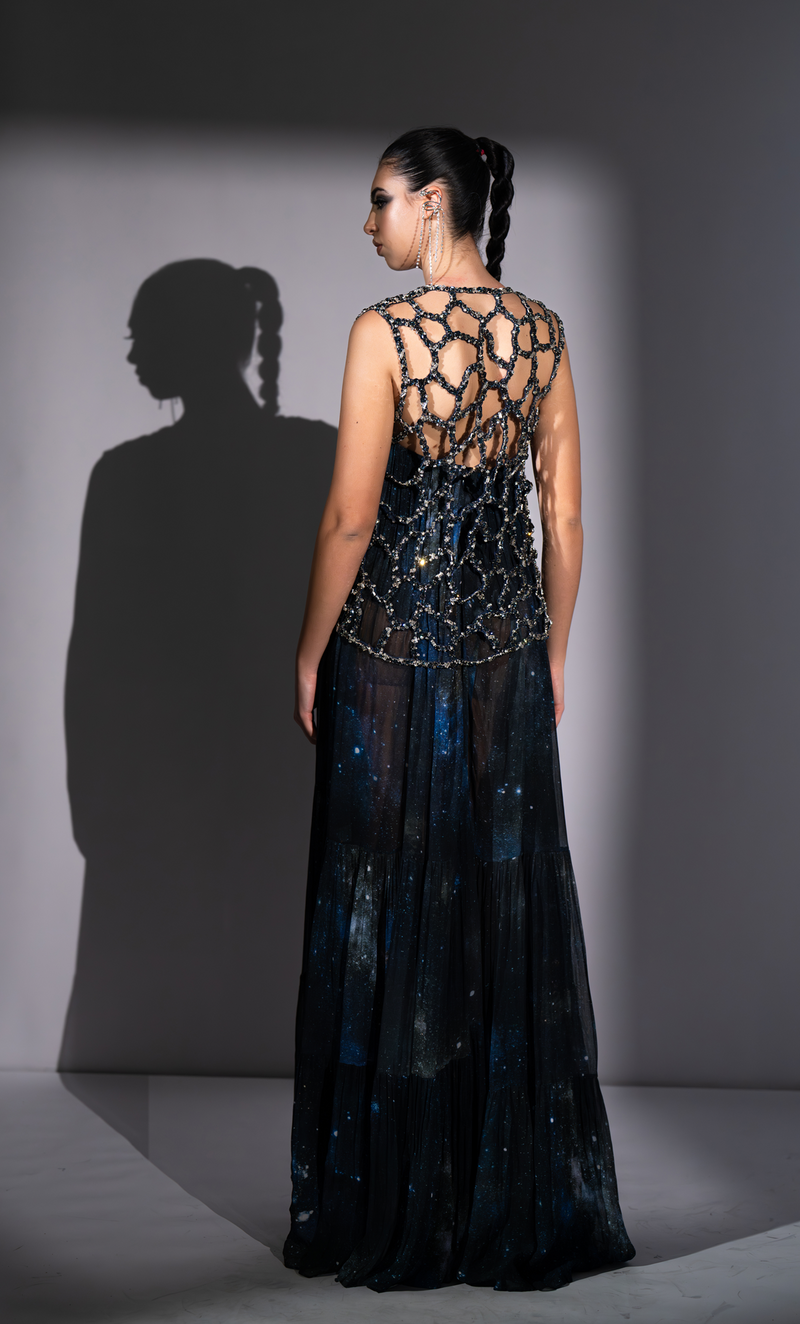 BLUE GALAXY PRINTED LUREX TUBE DRESS