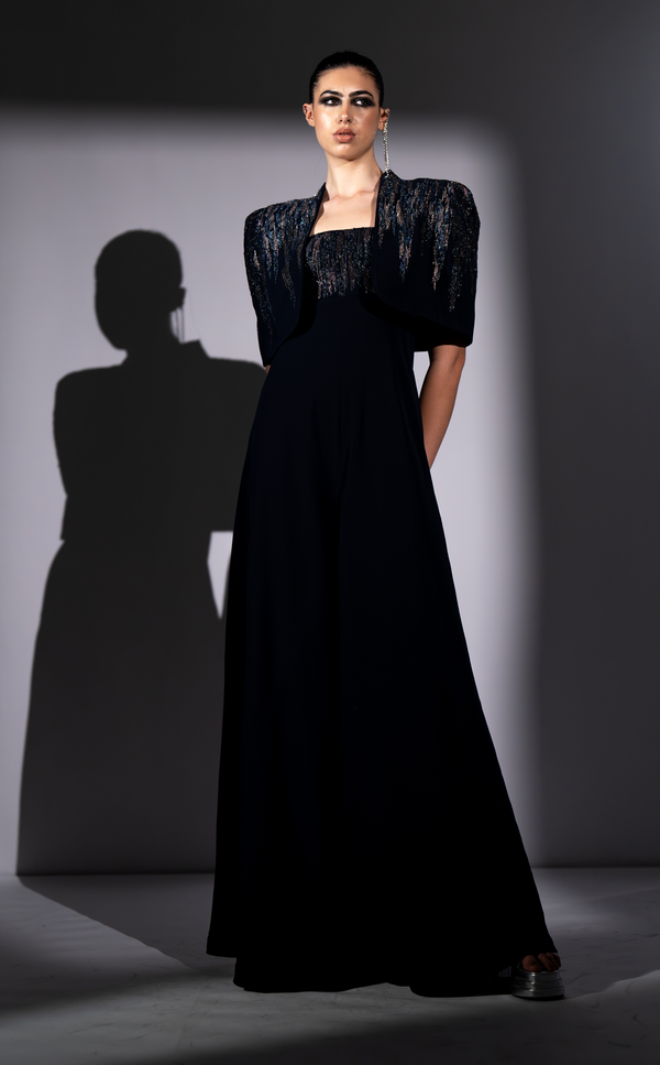 NAVY BLUE METEOR EMBROIDERED JUMPSUIT AND CAPE