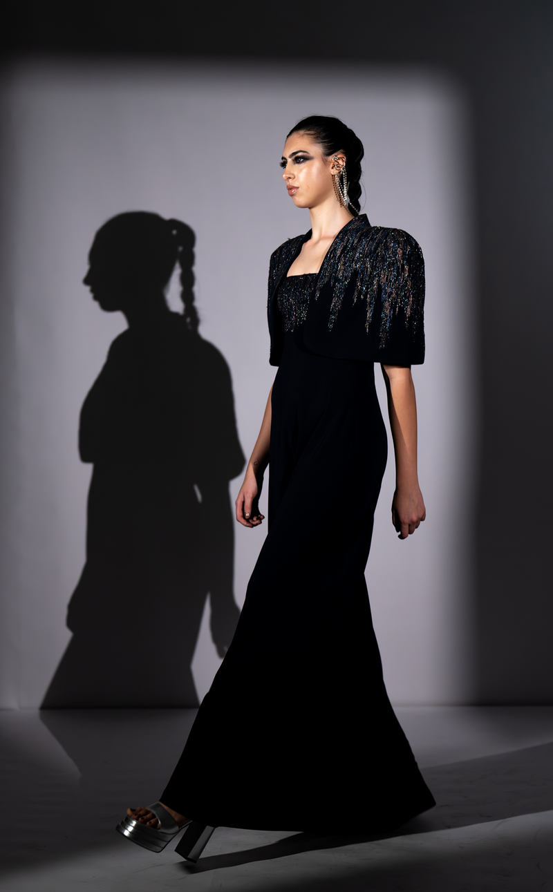 NAVY BLUE METEOR EMBROIDERED JUMPSUIT AND CAPE