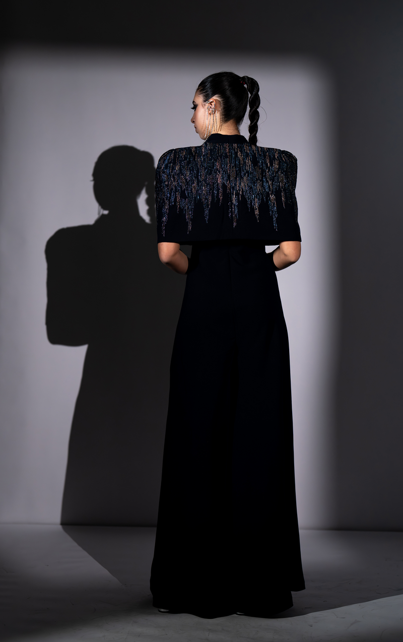 NAVY BLUE METEOR EMBROIDERED JUMPSUIT AND CAPE