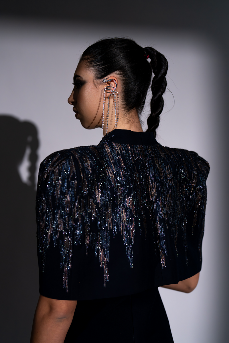 NAVY BLUE METEOR EMBROIDERED JUMPSUIT AND CAPE