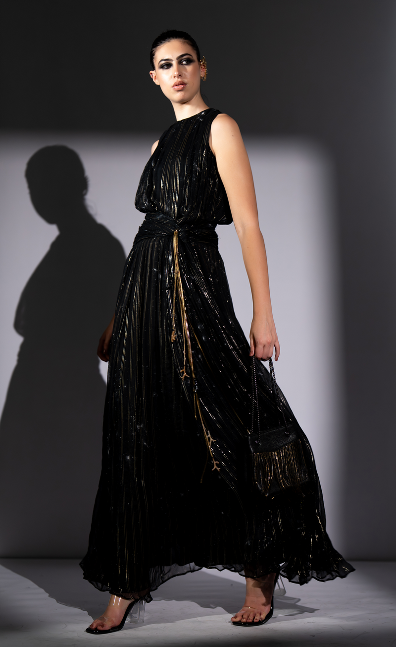 BLACK GALAXY LUREX CHIFFON KNOT DRESS