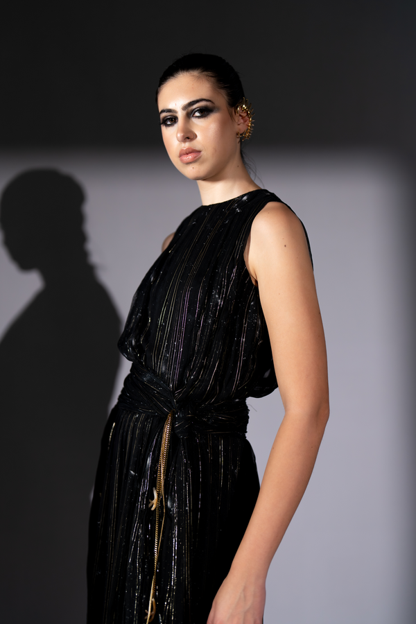 BLACK GALAXY LUREX CHIFFON KNOT DRESS