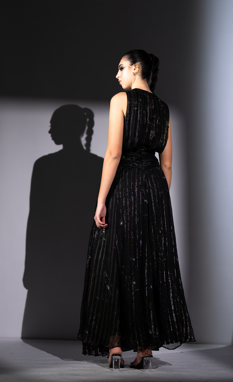 BLACK GALAXY LUREX CHIFFON KNOT DRESS