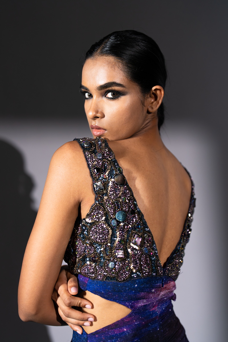 PURPLE GALAXY CUT-OUT MAXI WITH CLUSTER EMBROIDERY