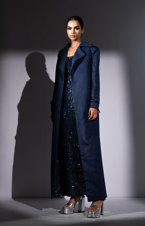 ASH BLUE FAUX SUEDE TRENCH WITH STAR SHOWER EMBROIDERY
