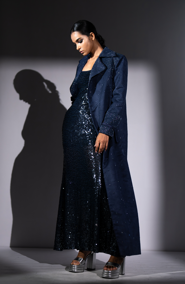 ASH BLUE FAUX SUEDE TRENCH WITH STAR SHOWER EMBROIDERY