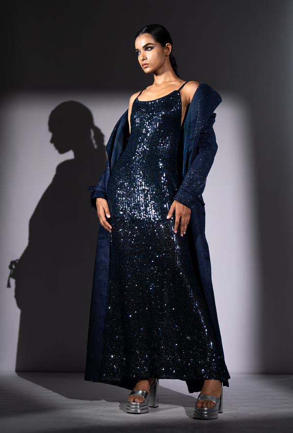 NAVY BLUE SHEETED SLIP DRESS