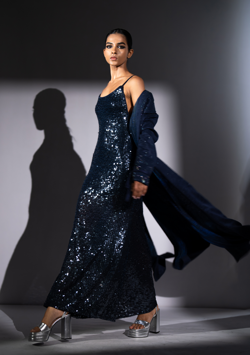 NAVY BLUE SHEETED SLIP DRESS