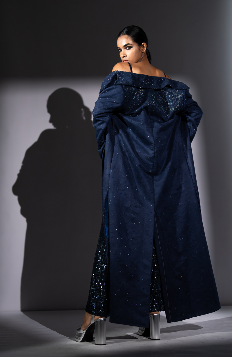 ASH BLUE FAUX SUEDE TRENCH WITH STAR SHOWER EMBROIDERY