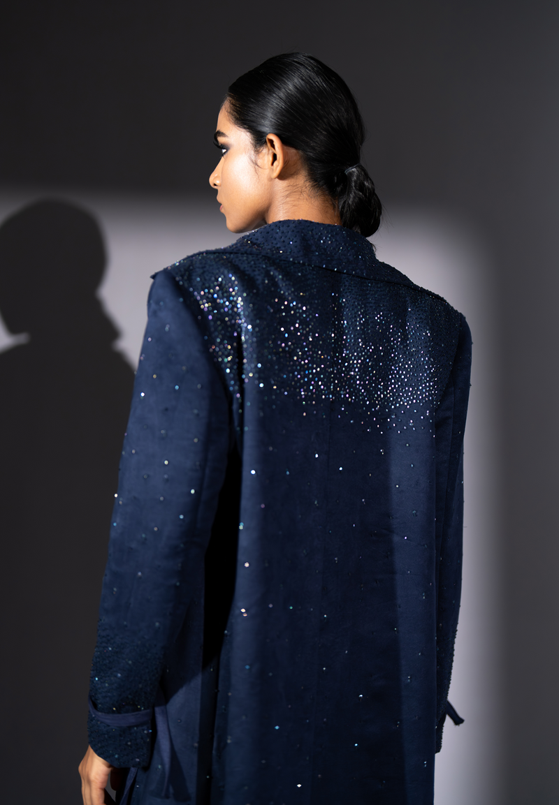 ASH BLUE FAUX SUEDE TRENCH WITH STAR SHOWER EMBROIDERY