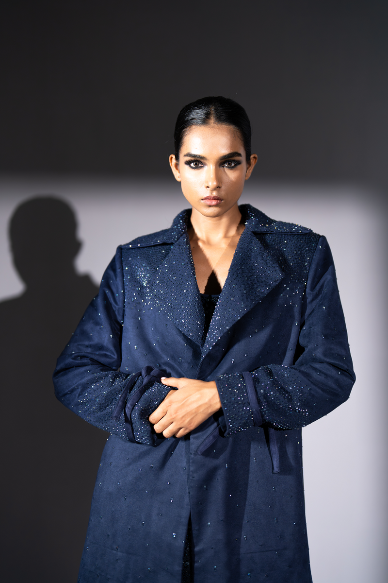 ASH BLUE FAUX SUEDE TRENCH WITH STAR SHOWER EMBROIDERY
