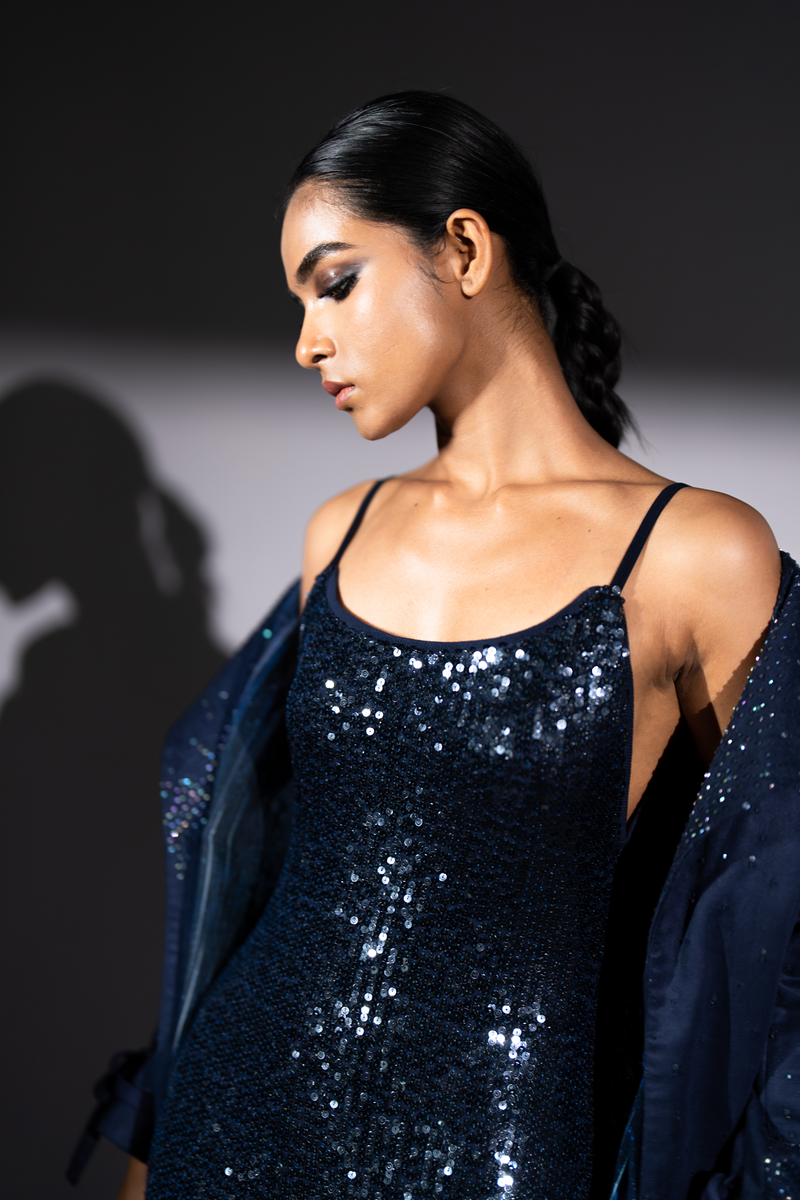 NAVY BLUE SHEETED SLIP DRESS