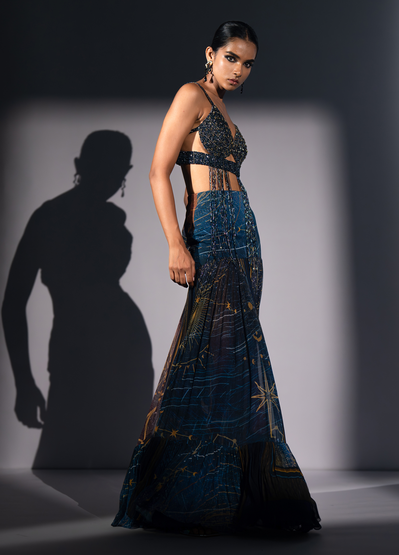 BLUE GALAXY PRINT PLEATED FLARE SKIRT