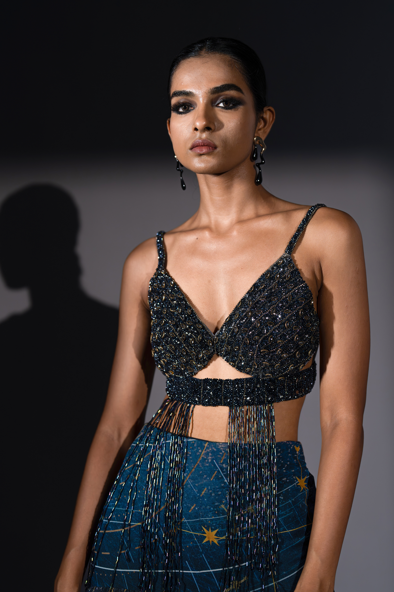 NAVY BLUE HOLOGRAPHIC SPACE EMBROIDERED BRALETTE WITH TASSELS