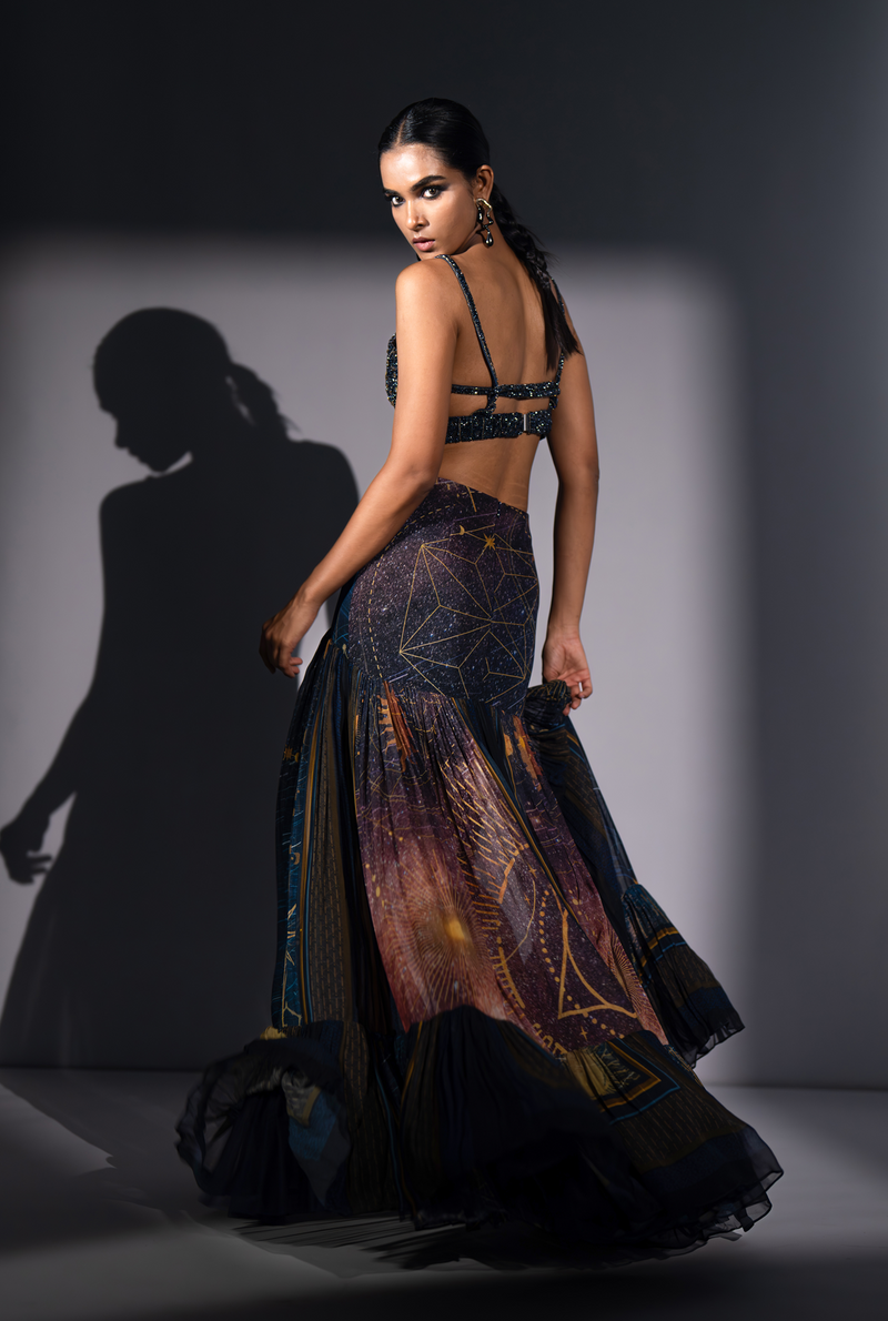 BLUE GALAXY PRINT PLEATED FLARE SKIRT