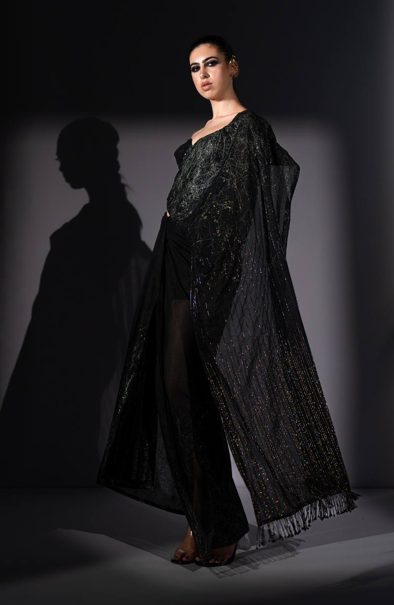 HOLOGRAPHIC CUTPIPE EMBROIDERED CORSET WITH STAR FABRIC DRAPED SAREE