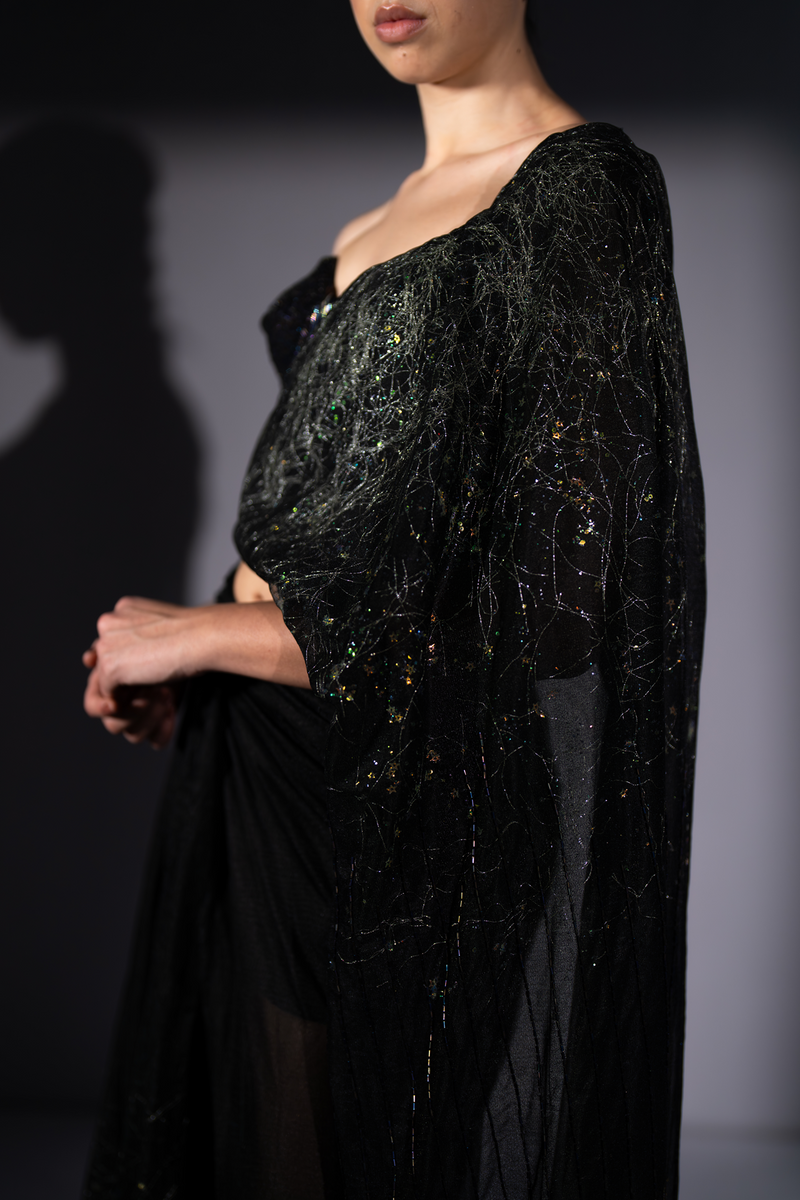 HOLOGRAPHIC CUTPIPE EMBROIDERED CORSET WITH STAR FABRIC DRAPED SAREE