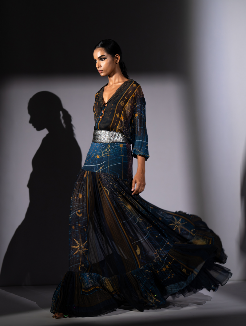 BLUE GALAXY PLACEMENT PRINT BLOUSE