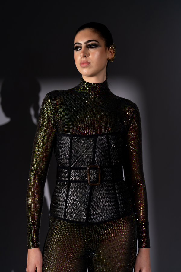 BLACK RATTAN CORSET WITH BELT