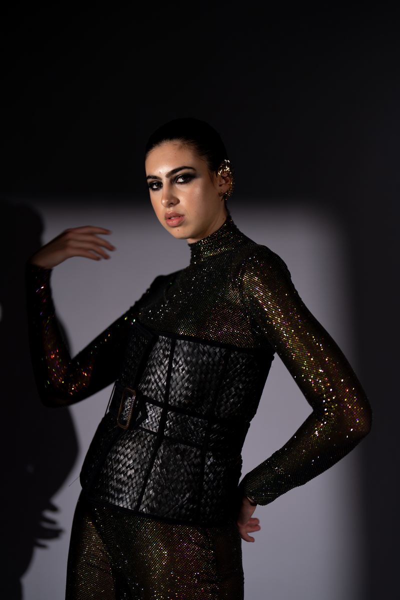 BLACK RATTAN CORSET WITH BELT