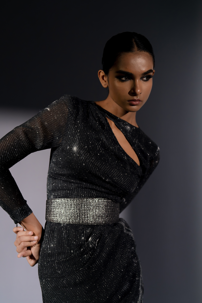 BLACK GALAXY CUTOUT SLIT DRESS