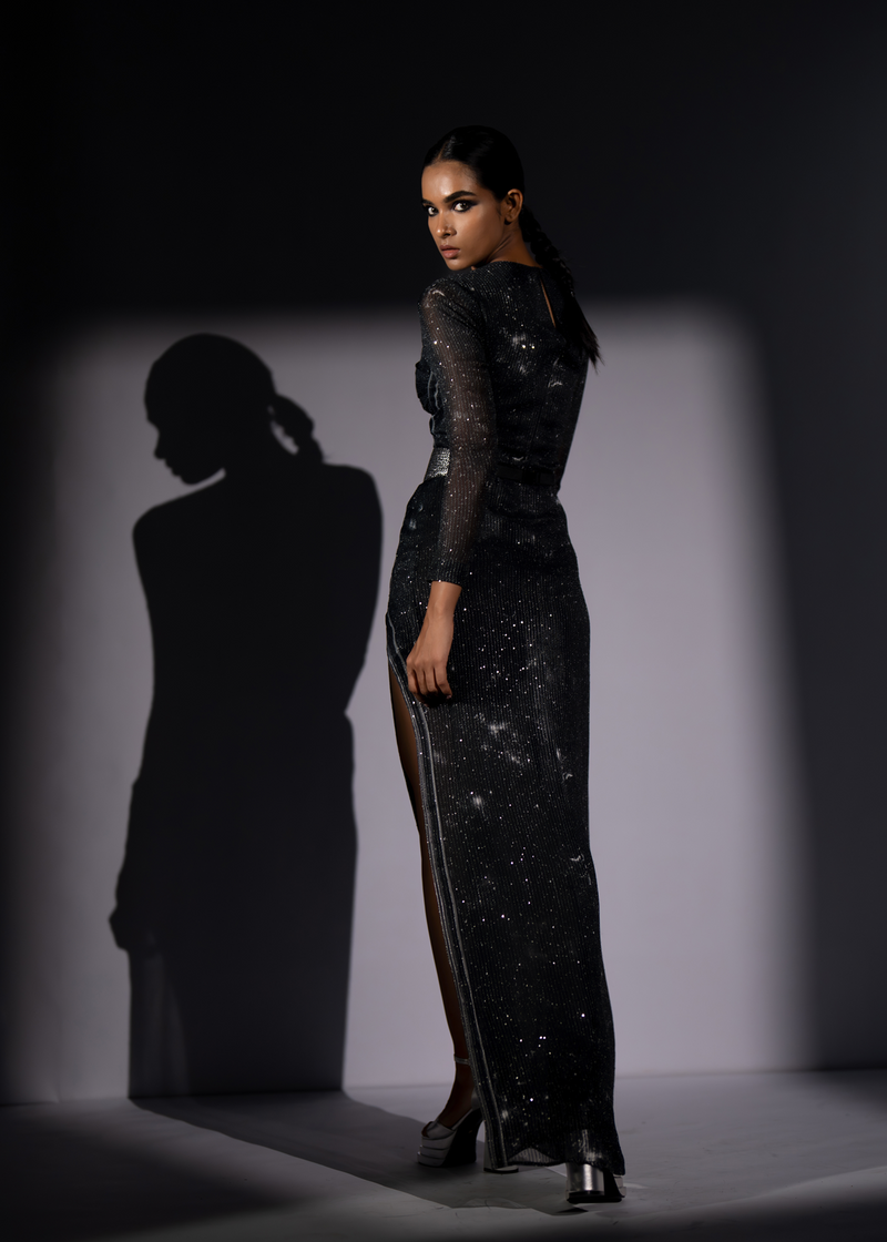 BLACK GALAXY CUTOUT SLIT DRESS