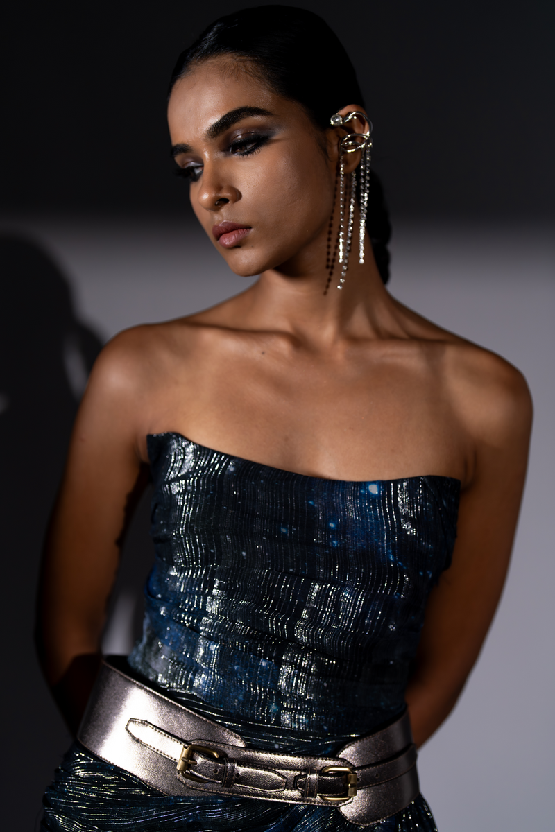 BLUE GALAXY LUREX CORSET SHORT DRAPED DRESS