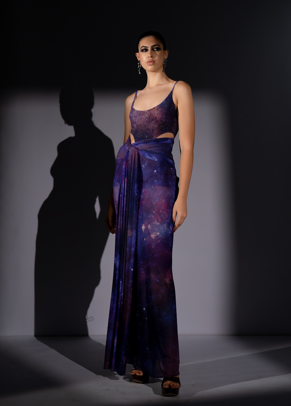 PURPLE GALAXY DRAPED BODYCON SKIRT