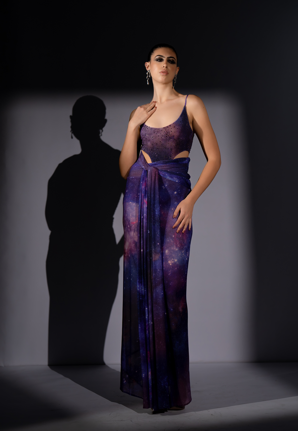 PURPLE GALAXY DRAPED BODYCON SKIRT