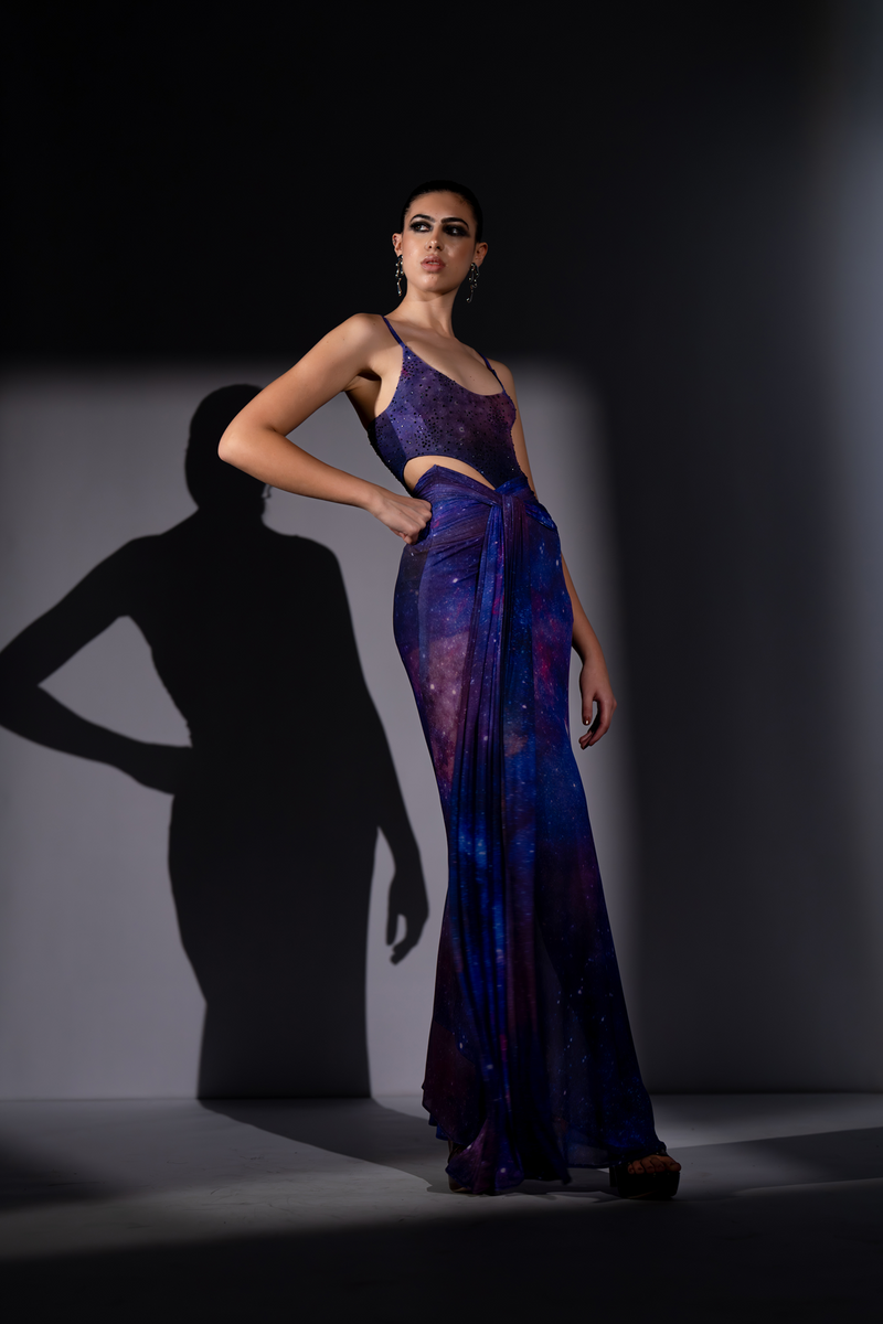 PURPLE GALAXY DRAPED BODYCON SKIRT