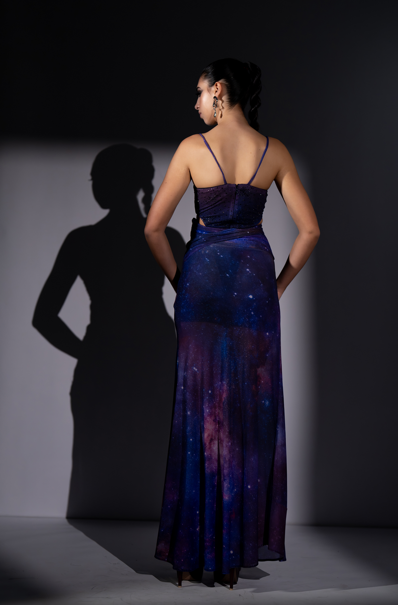 PURPLE GALAXY DRAPED BODYCON SKIRT