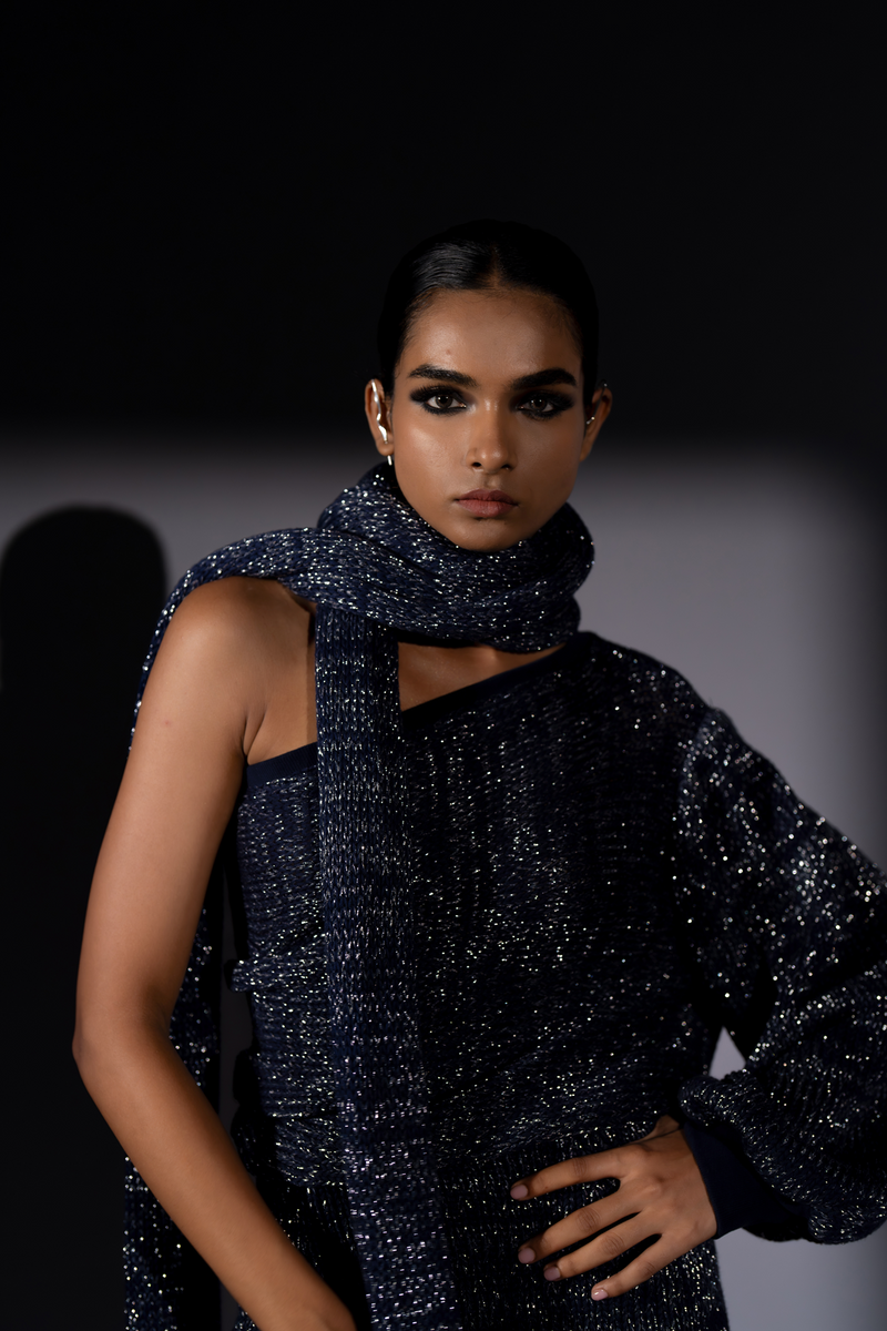 NAVY BLUE COTTON KNIT WITH SILVER ZARI ONE SHOULDER JUMOER, SKIRT & STOLE