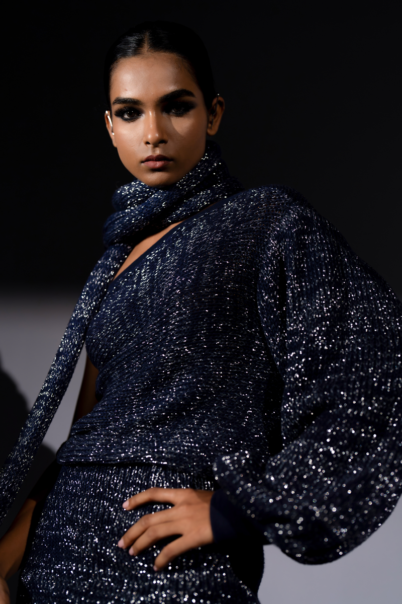 NAVY BLUE COTTON KNIT WITH SILVER ZARI ONE SHOULDER JUMOER, SKIRT & STOLE