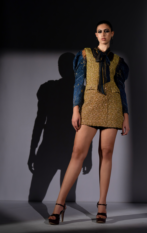 GOLD TWEED PINAFOR DRESS WITH BLUE GALAXY TIE-UP BLOUSE
