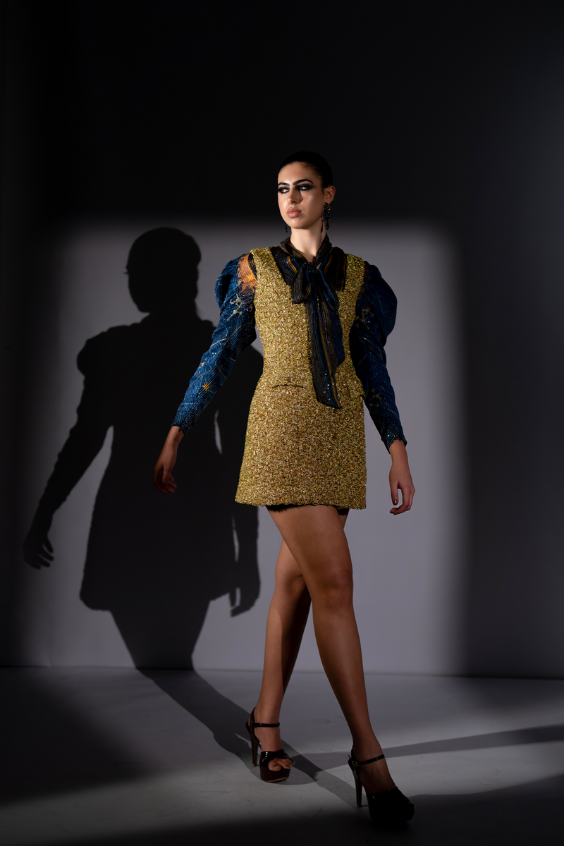 GOLD TWEED PINAFOR DRESS WITH BLUE GALAXY TIE-UP BLOUSE