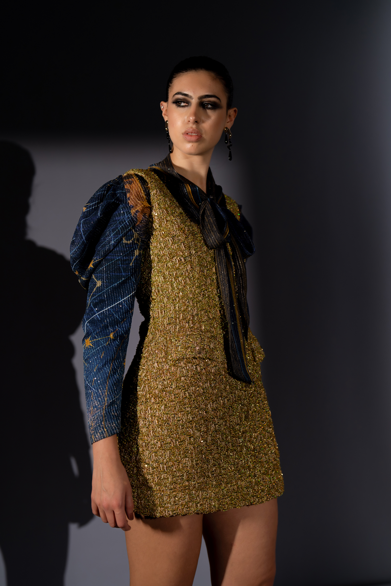 GOLD TWEED PINAFOR DRESS WITH BLUE GALAXY TIE-UP BLOUSE