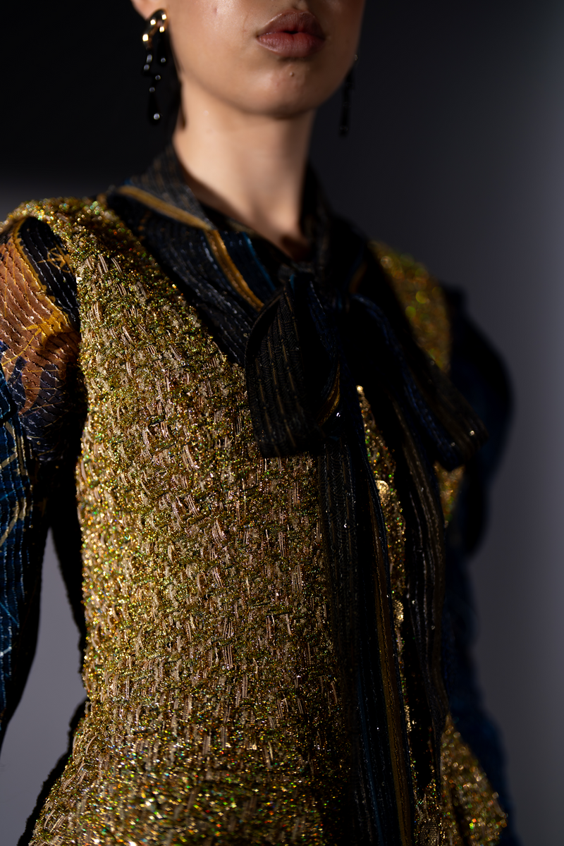 GOLD TWEED PINAFOR DRESS WITH BLUE GALAXY TIE-UP BLOUSE