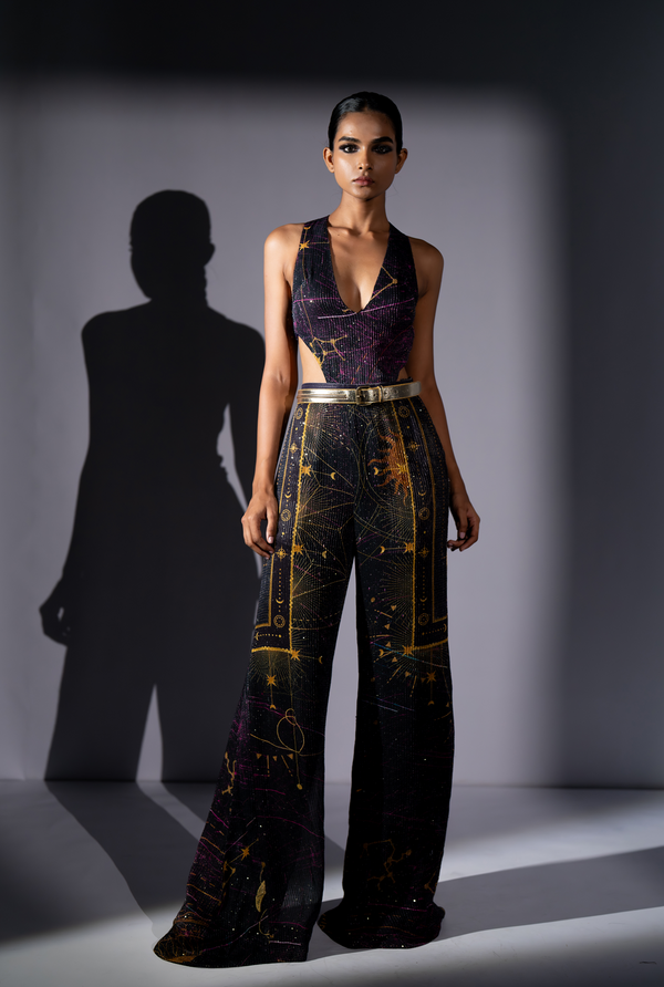 PURPLE GALAXY PLACEMENT PRINT CUTOUT TOP WITH PANTS