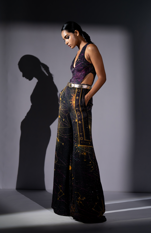 PURPLE GALAXY PLACEMENT PRINT CUTOUT TOP WITH PANTS