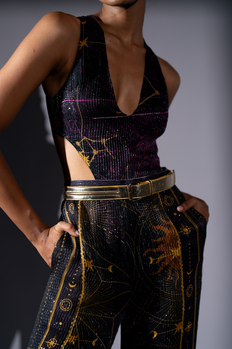 PURPLE GALAXY PLACEMENT PRINT CUTOUT TOP WITH PANTS