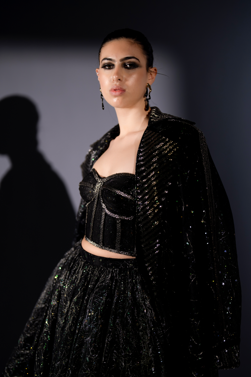 STAR FABRIC SKIRT, TRENCH & CORSET WITH SILVER BAROQUE EMBROIDERY