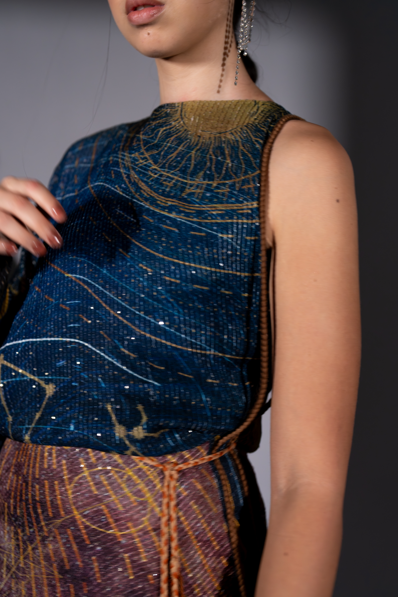 BLUE GALAXY PLACEMENT PRINT ONE SHOULDER DRESS