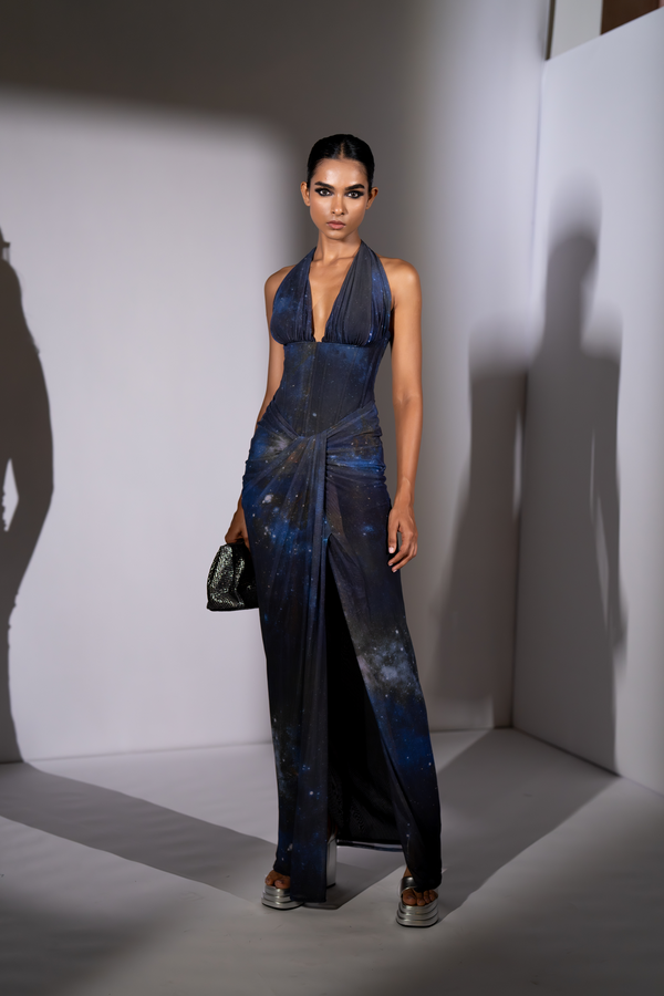 BLUE GALAXY PRINTED CORSET BODYCON DRESS