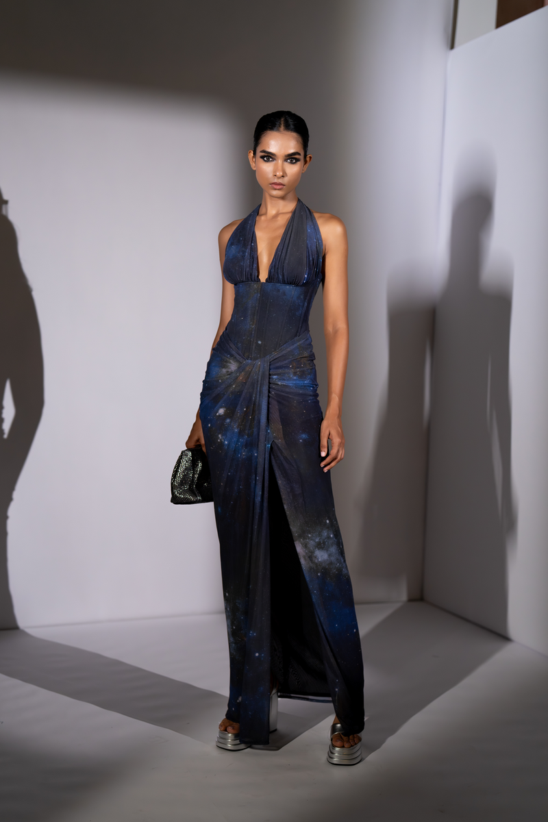 BLUE GALAXY PRINTED CORSET BODYCON DRESS
